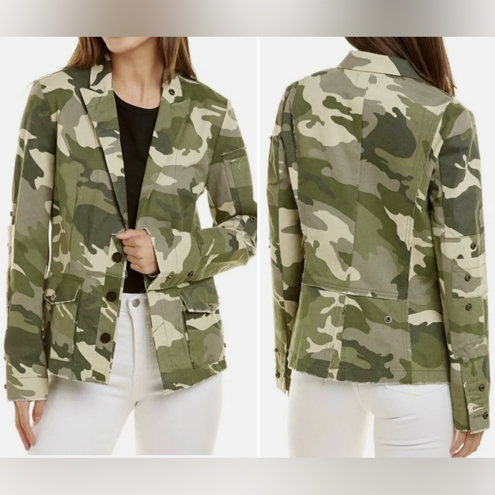 Zadig & Voltaire Virginia Camo Raw-Edge Button-Front Cotton Blazer Jacket Large